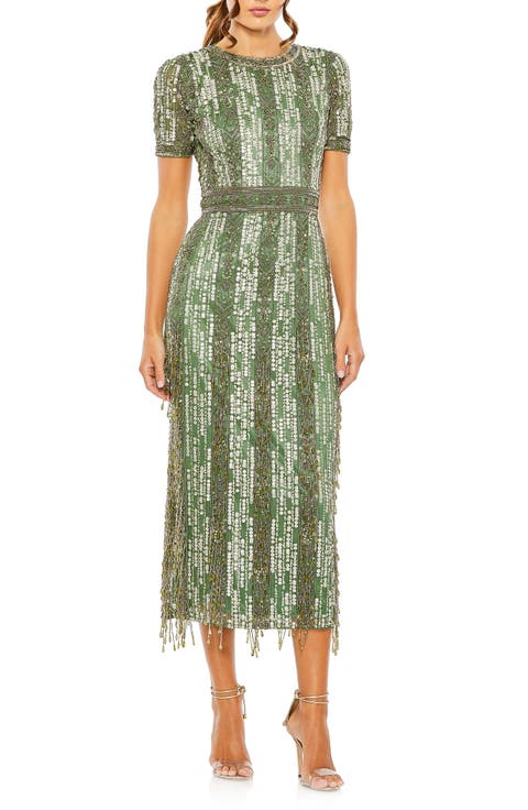 Women's High Neck Short Sleeve Crystal Fringe Column Dress