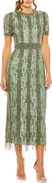 Mac Duggal Women's High Neck Short Sleeve Crystal Fringe Column Dress