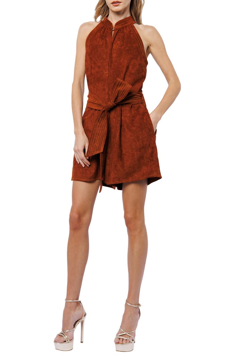 Louise Tie Waist Faux Suede Romper, Main, color, BROWN