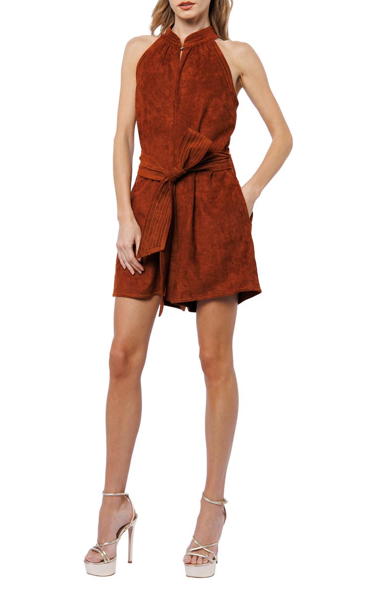 CIEBON Louise Tie Waist Faux Suede Romper, Main, color, Brown