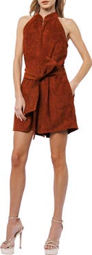 CIEBON Louise Tie Waist Faux Suede Romper