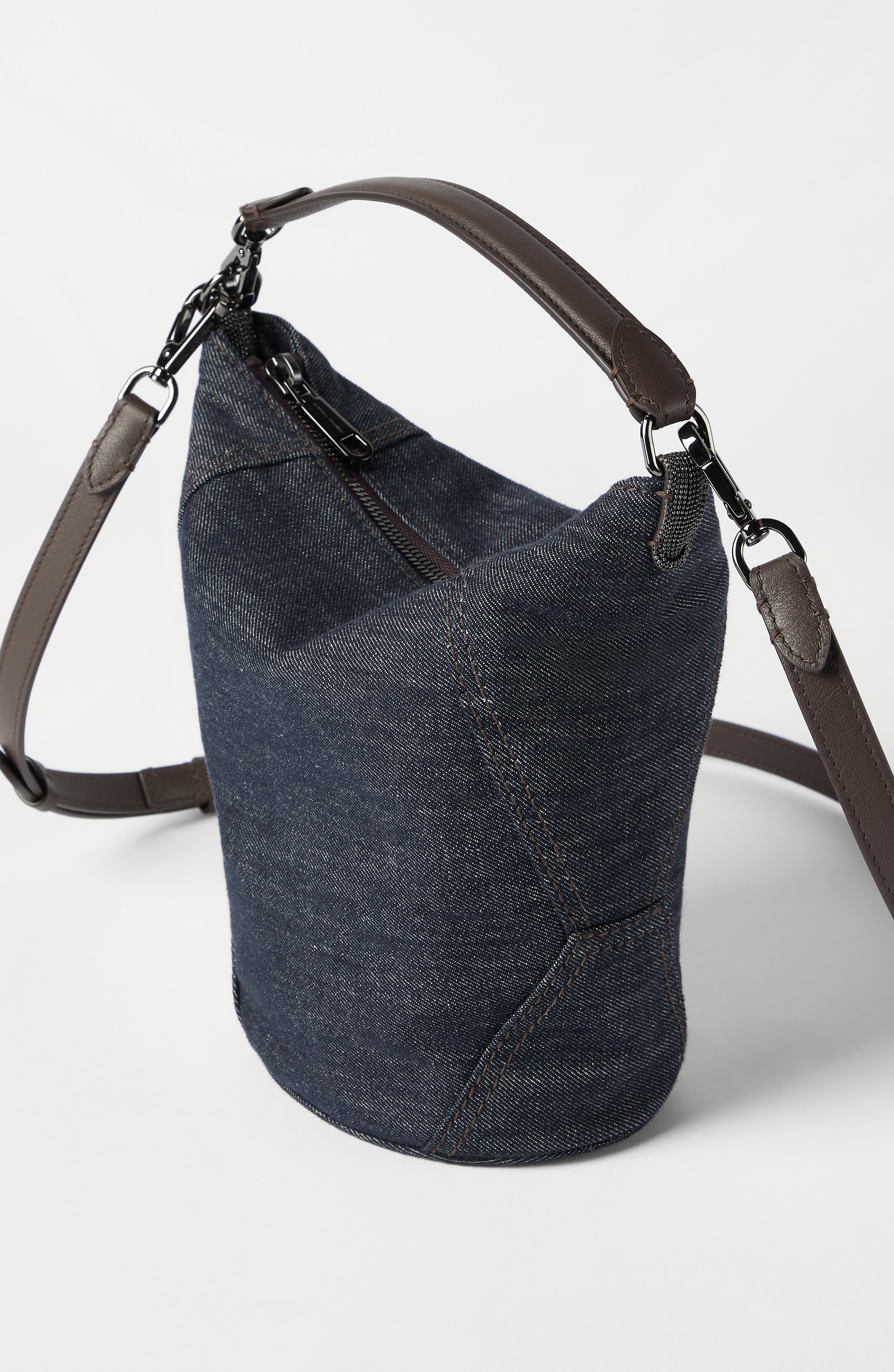 Brunello Cucinelli Twill BC Duo small bucket bag, Alternate, color, Blue