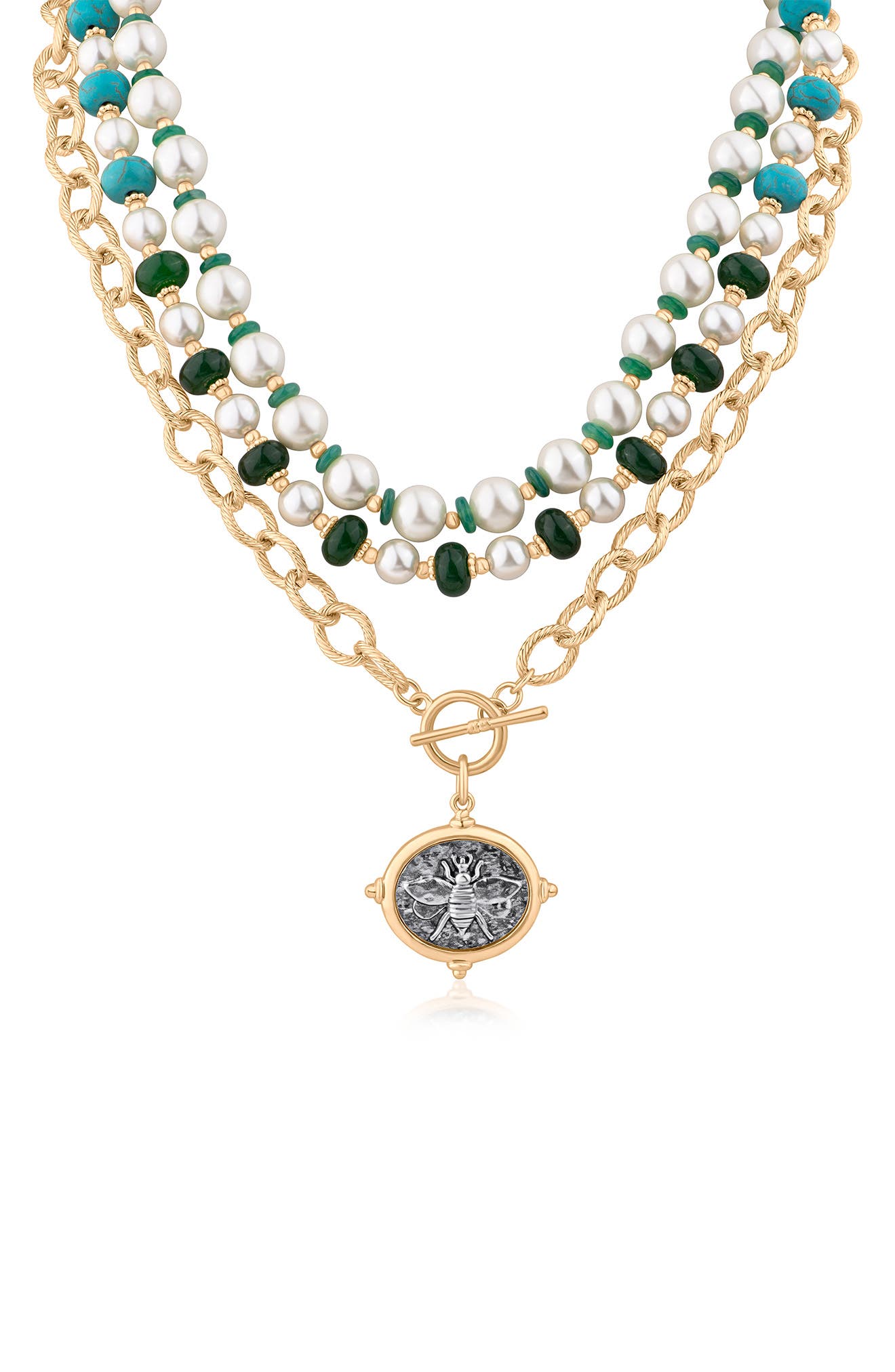 JARDIN Faux Pearl & Stone Beaded Toggle Charm Necklace