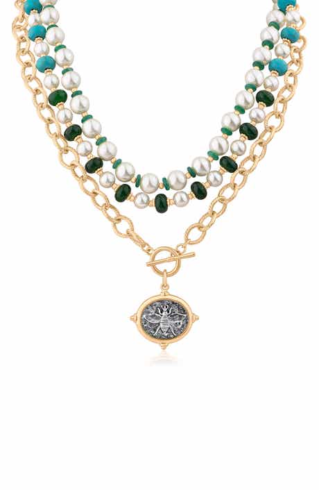 JARDIN Faux Pearl & Stone Beaded Toggle Charm Necklace