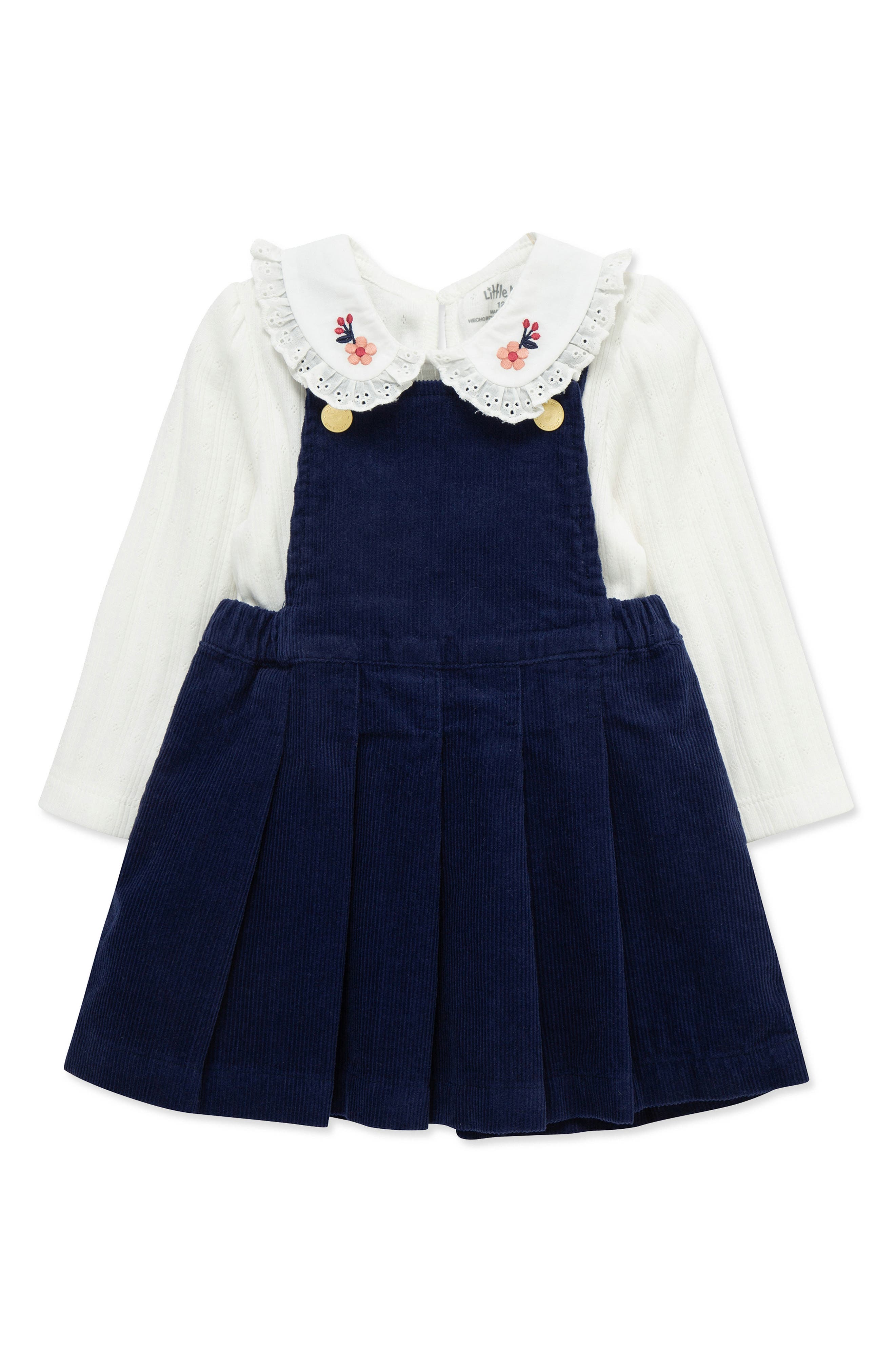 Little Me Collared Shirt & Pleated Skirted Overalls Set
