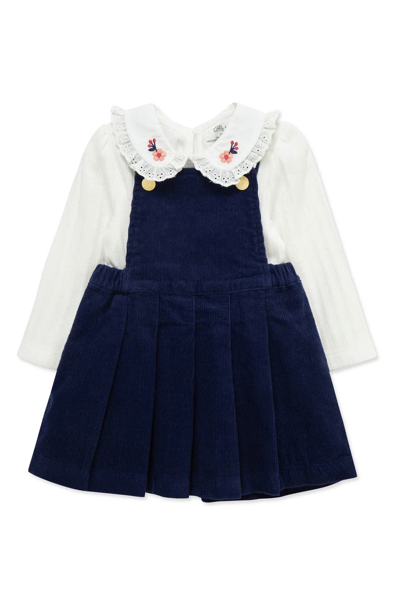 Little Me Collared Shirt & Pleated Skirted Overalls Set, Main, color, Blue/ White