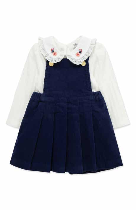 Little Me Collared Shirt & Pleated Skirted Overalls Set