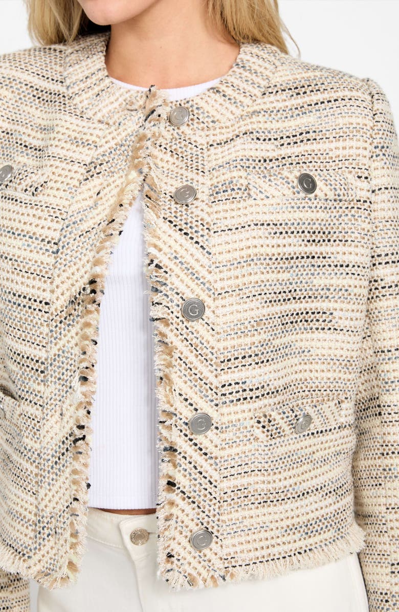 GUESS Sutton Fringe Detail Tweed Jacket, Alternate, color, Beige