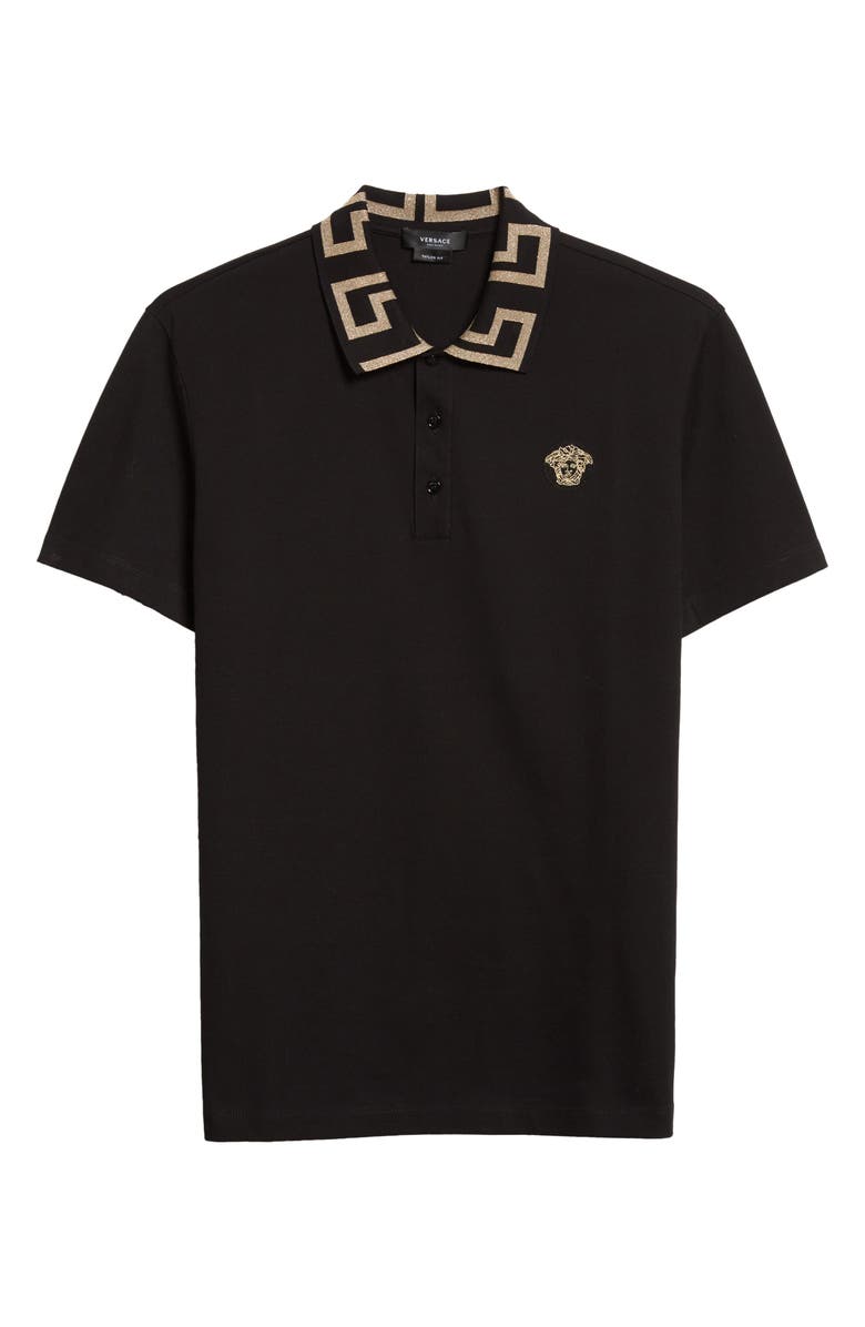 Versace Metallic Greca Collar Piqué Polo, Alternate, color,