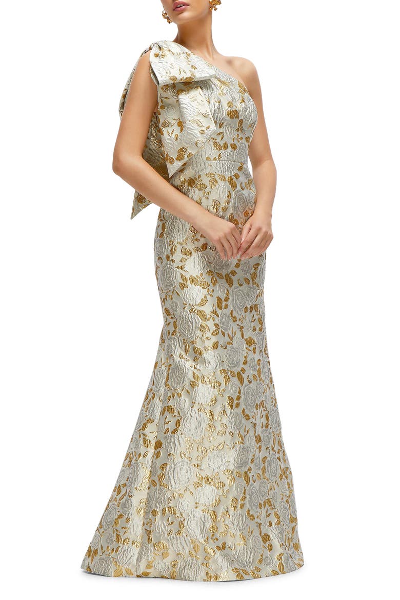 One-Shoulder Metallic Jacquard Trumpet Gown, Alternate, color, WINTER ROSE
