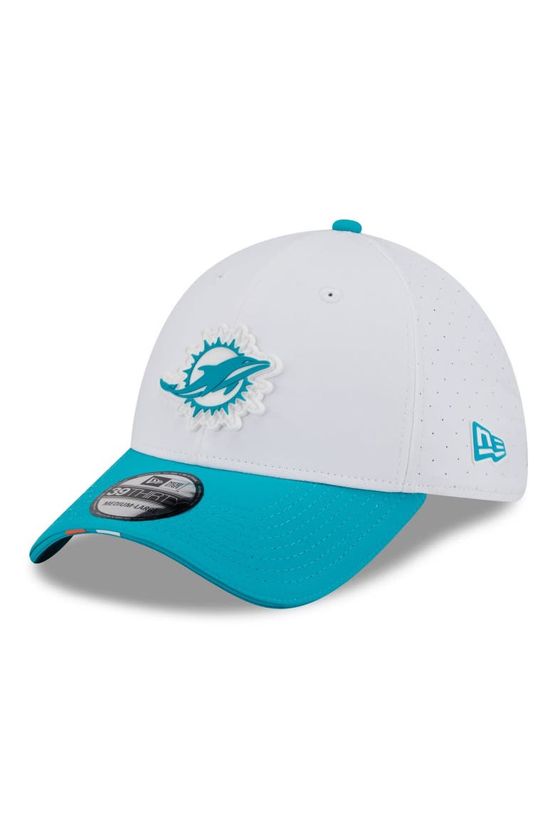 Men's New Era  White/Aqua Miami Dolphins 2025 NFL Training Camp 39THIRTY Flex Hat, Main, color, White
