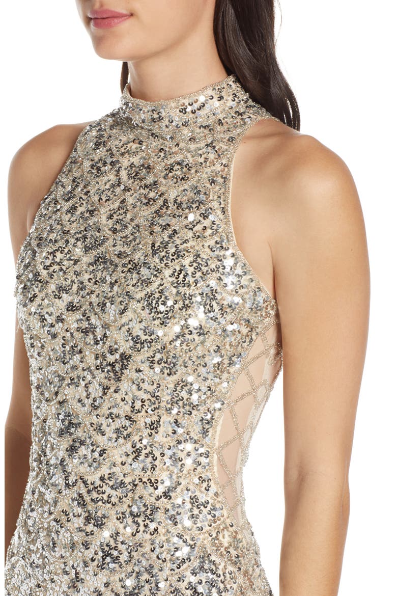 Mock Neck Sequin Column Gown, Alternate, color, SILVER