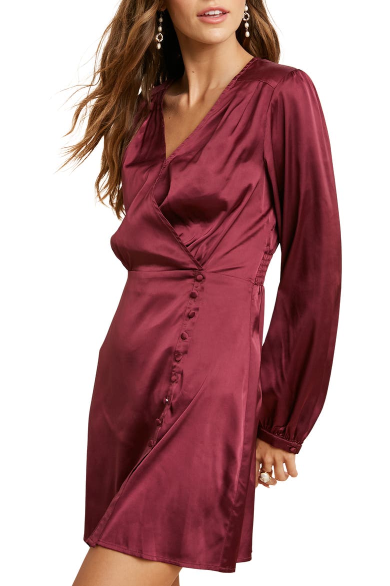 Satin Long Sleeve Mini Dress, Alternate, color, BURGUNDY