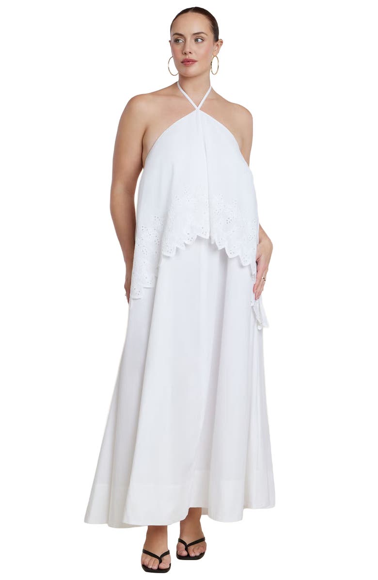 ELOQUII Embroidered Eyelet Halter Maxi Dress, Main, color, Pristine White