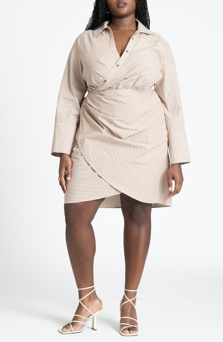 ELOQUII Stripe Asymmetric Long Sleeve Wrap Shirtdress, Main, color, Brown And Beige Stripe