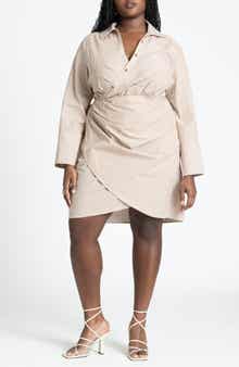 ELOQUII Stripe Asymmetric Long Sleeve Wrap Shirtdress