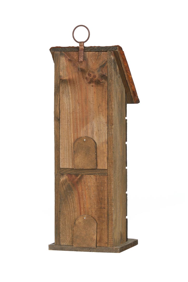 14.5"H Two-Tiered Distressed Solid Wood Birdhouse With Flowers, Alternate, color, Green