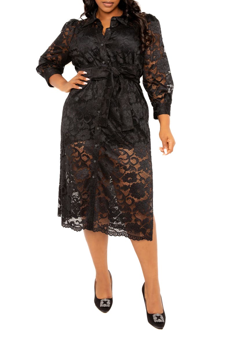 Floral Tie Belt Lace Midi Shirtdress, Main, color, BLACK