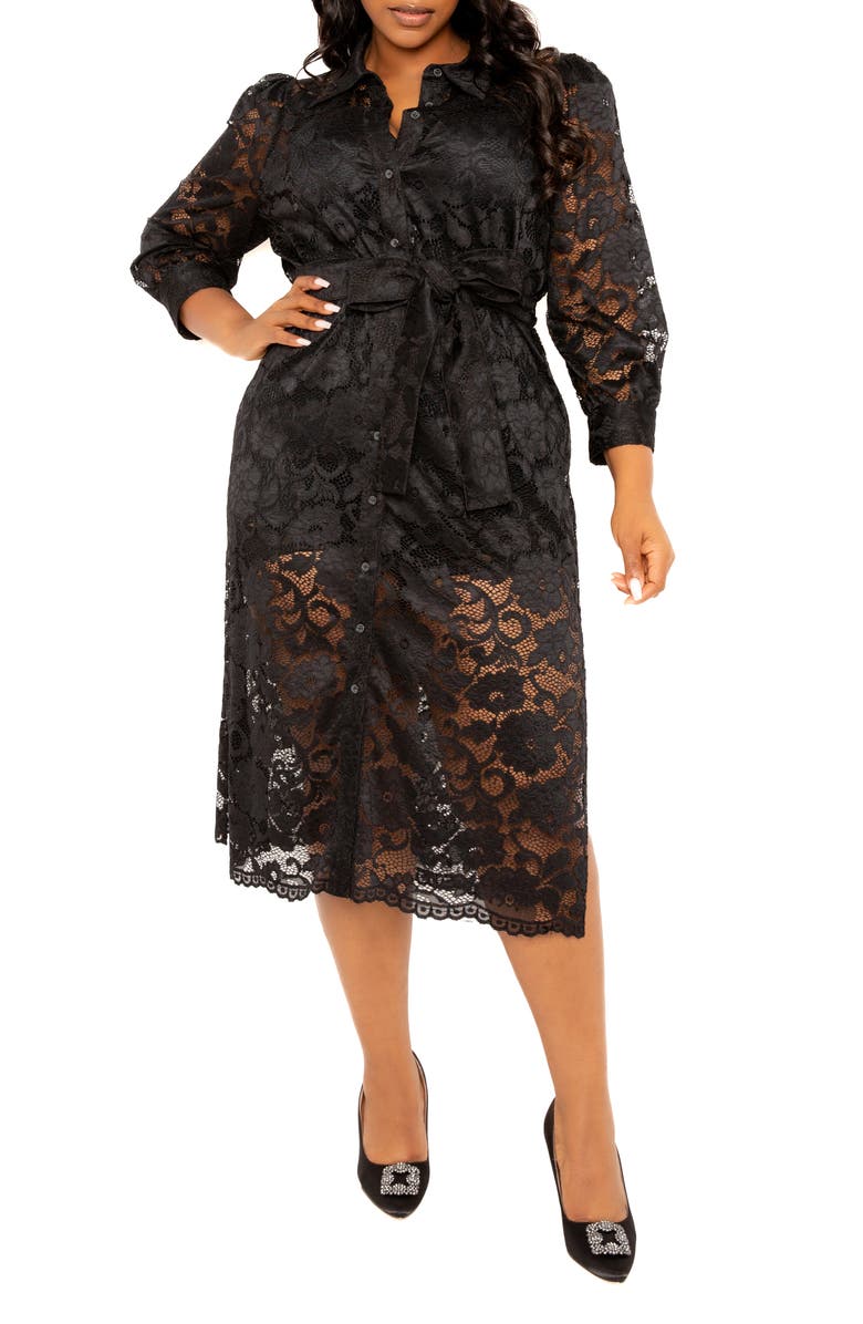 BUXOM COUTURE Floral Tie Belt Lace Midi Shirtdress, Main, color, Black