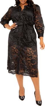 BUXOM COUTURE Floral Tie Belt Lace Midi Shirtdress