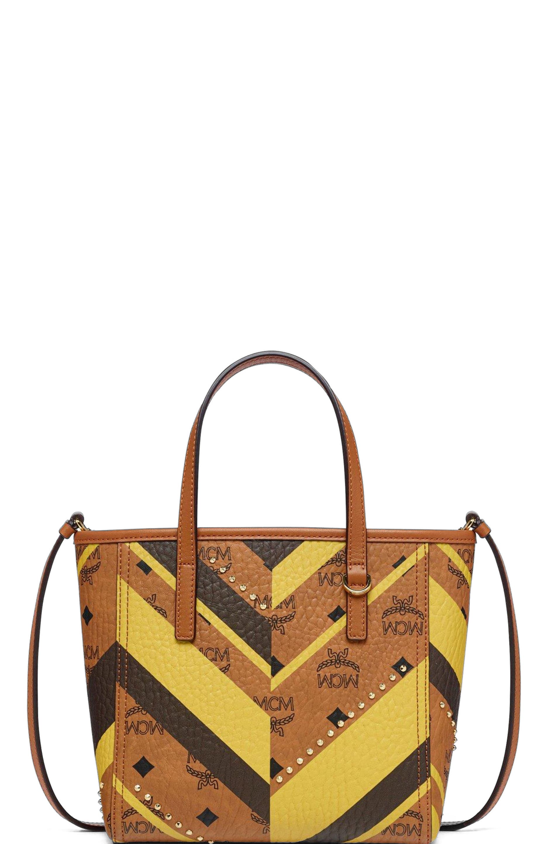 MCM Studded Toni Top-Zip Shopper in Mega Herringbone Visetos, Main, color, Cognac