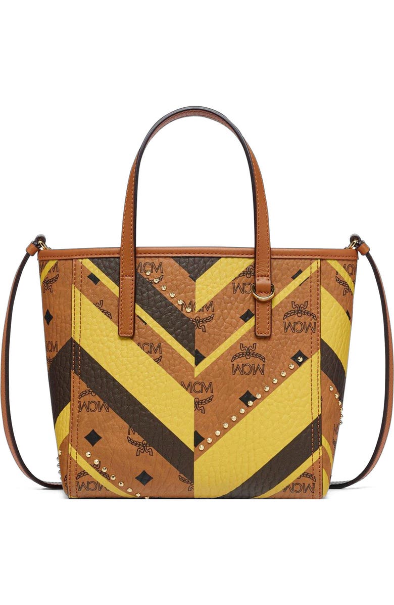 MCM Studded Toni Top-Zip Shopper in Mega Herringbone Visetos, Main, color, Cognac