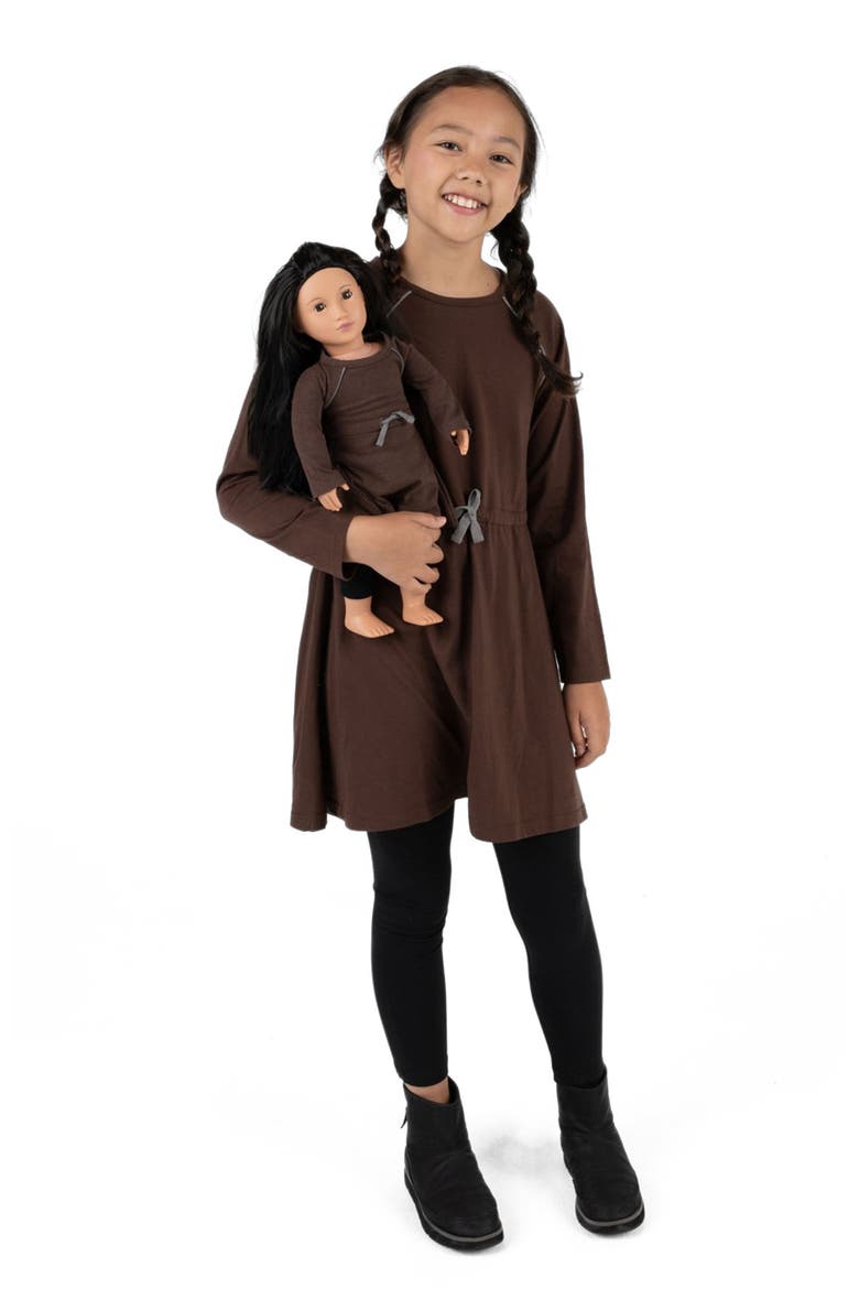 Girls Bow Tie Dress with Matching Doll Dress, Alternate, color, BROWN