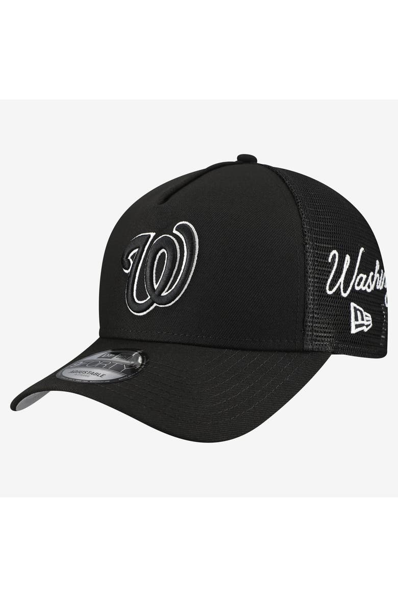 Men's New Era Black Washington Nationals Side Script 9FORTY A-Frame Trucker Adjustable Hat, Main, color, Black