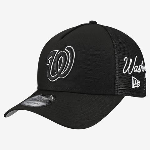 Men's New Era Black Washington Nationals Side Script 9FORTY A-Frame Trucker Adjustable Hat