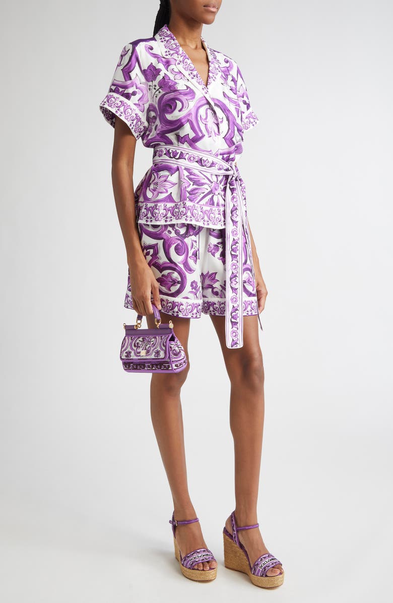 Dolce&Gabbana Majolica Print Silk Twill Drawstring Shirt, Alternate, color, Ip3tn Mix Maiolica Viola