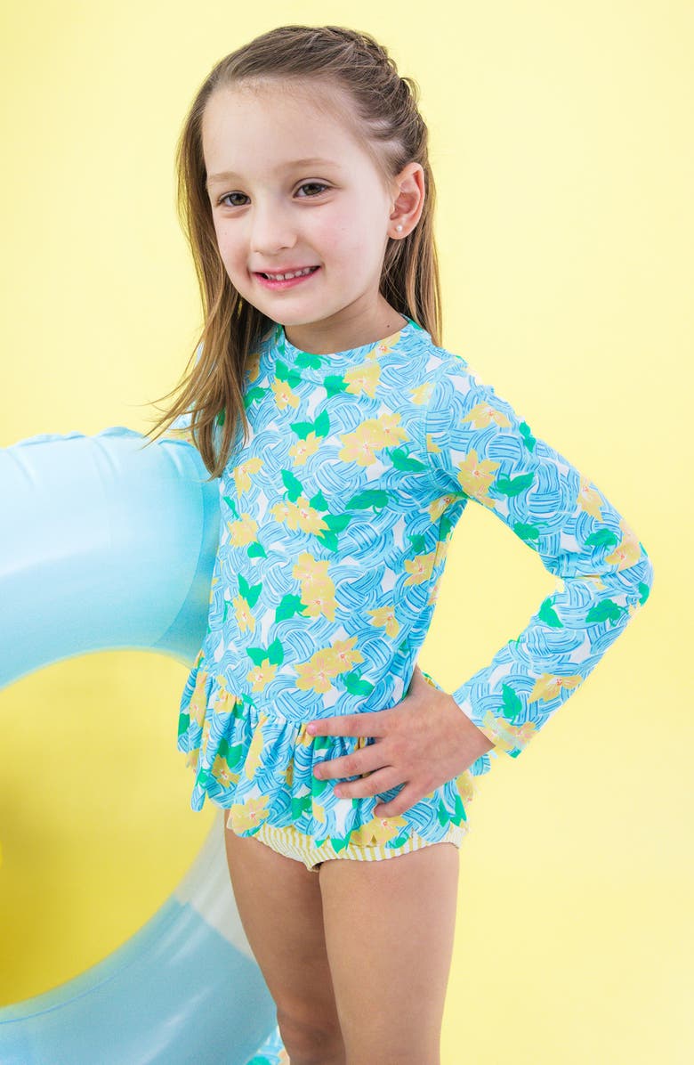 RuffleButts Kids' Blooming Basket Long Sleeve UPF 50+ Two-Piece Rashguard Swimsuit, Alternate, color, Blue