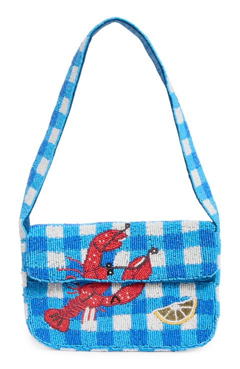 Beaded Gingham Lobster Baguette Shoulder Bag