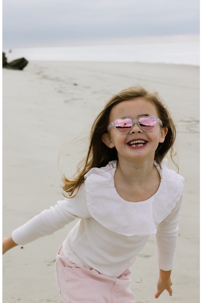 Kids' Mirrored Shimmer Heart Sunglasses, Alternate, color, SILVER GLITTER/ PINK