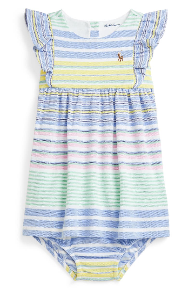 Ralph Lauren Stripe Cotton Piqué Ruffle Dress & Bloomers, Main, color, 
