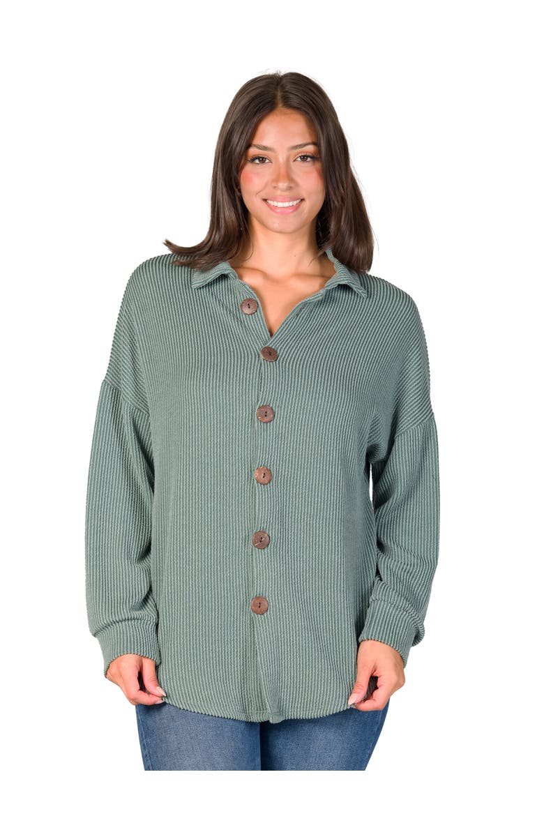 Ribbed Button Up Long Sleeve Collared Shirt Jacket, Main, color, Green