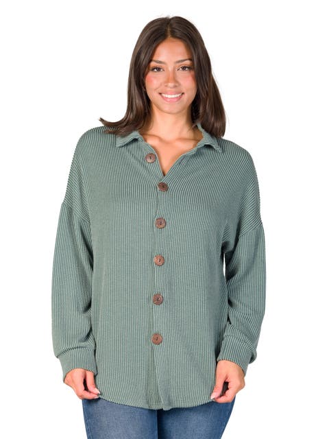 Ribbed Button Up Long Sleeve Collared Shirt Jacket