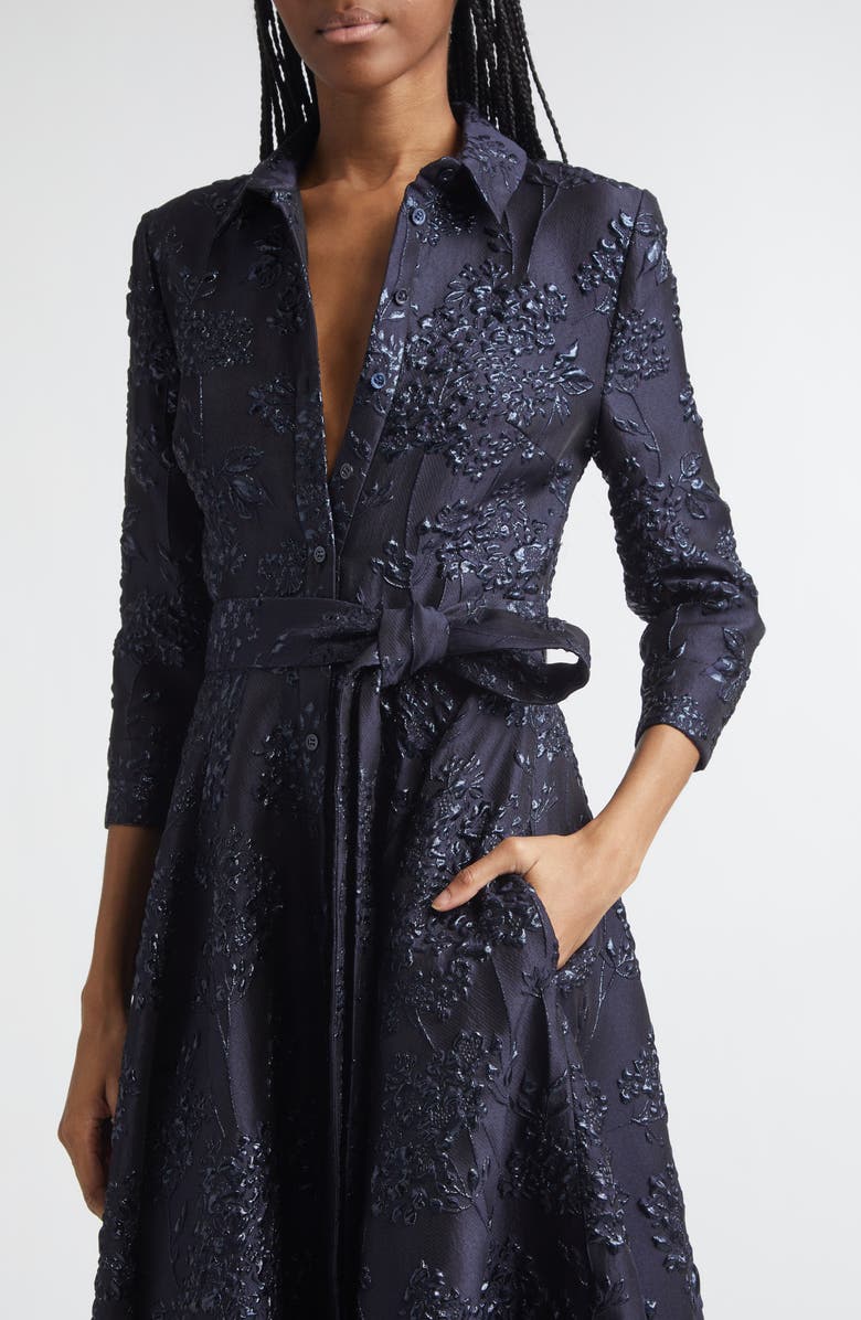 Carolina Herrera Metallic Floral Jacquard Trench Dress, Alternate, color, Midnight