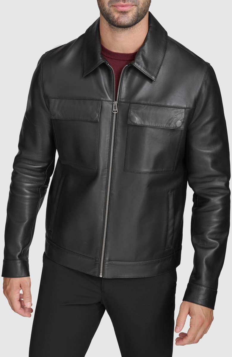 Cole Haan Leather Zip Shirt Jacket, Main, color, Black