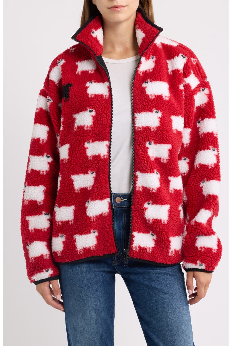 Sheep Printed High Pile Fleece Full Zip Sweatshirt, Main, color, DIANA RED