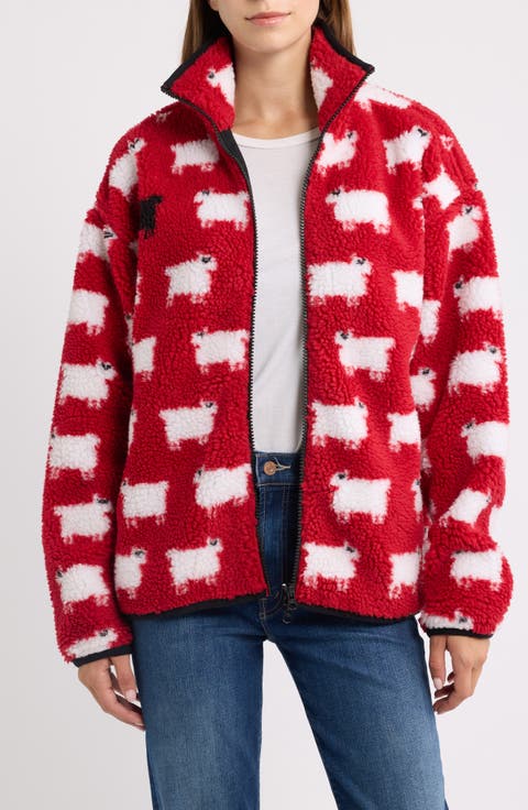 Sheep Printed High Pile Fleece Full Zip Sweatshirt