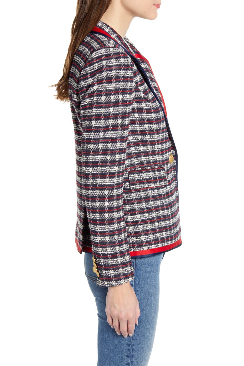 Satin Trim Plaid Tweed Blazer, Alternate, color, BLUE NIGHT