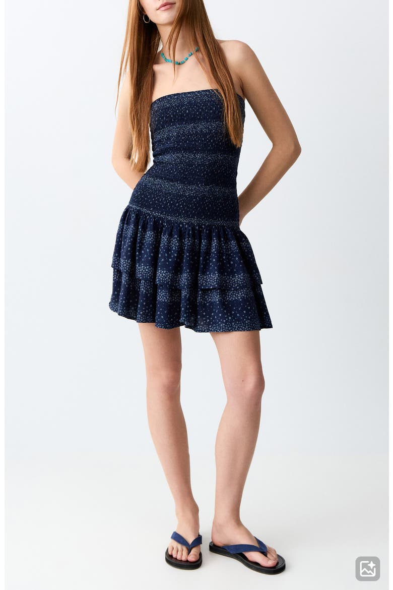 Print Smocked Strapless Tiered Minidress, Main, color, NAVY