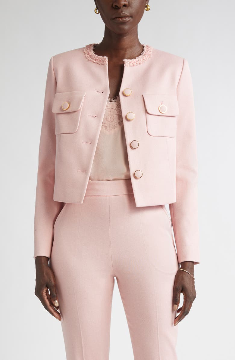 ST. JOHN Braided Trim Stretch Twill Crop Jacket, Main, color, Pink