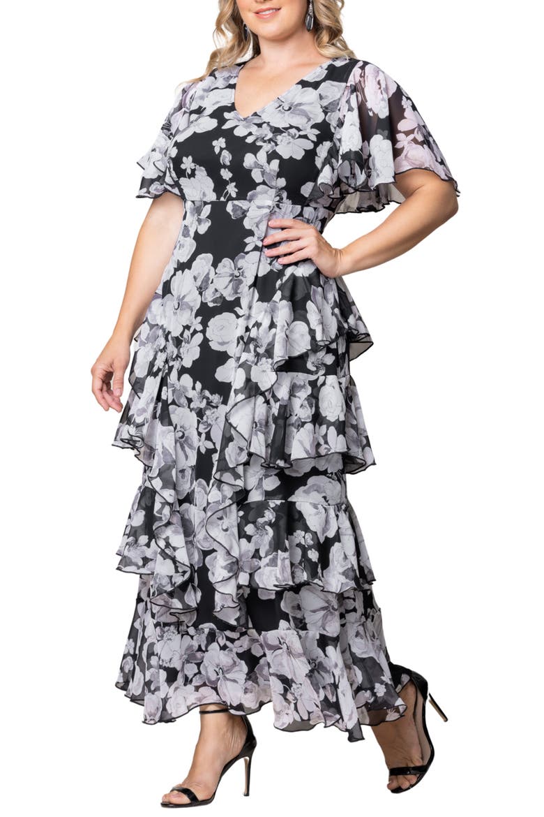 Tour de Flounce Tiered Maxi Dress, Alternate, color, GRAYSCALE BLOOMS
