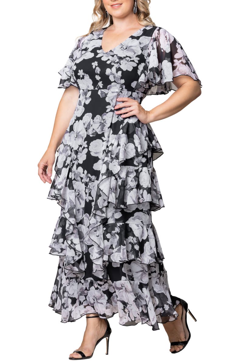 Kiyonna Tour de Flounce Tiered Maxi Dress, Alternate, color, Grayscale Blooms