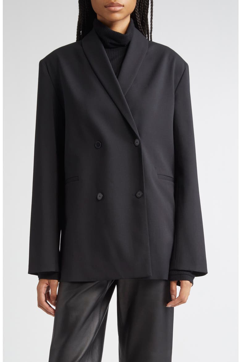 Sancia Double Breasted Stretch Virgin Wool Blazer, Main, color, BLACK