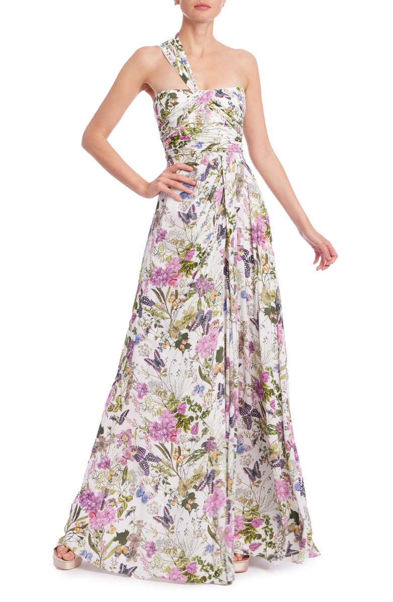 Badgley Mischka Collection Floral One-Shoulder Evening Gown, Main, color, White Multi