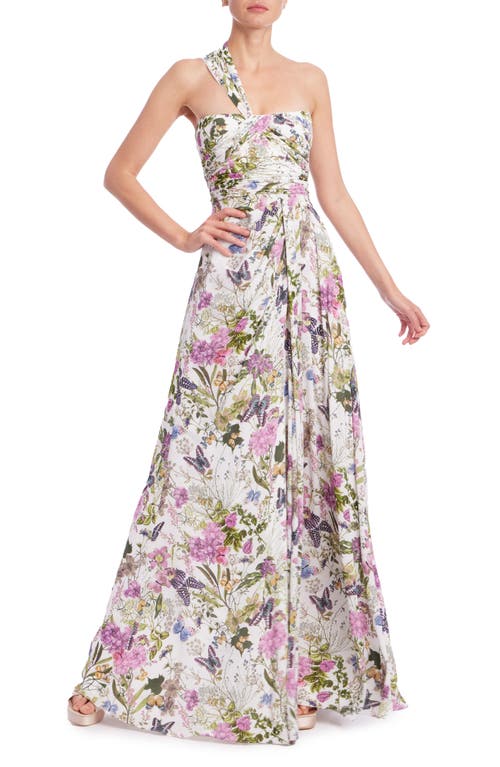 Badgley Mischka Collection Floral One-shoulder Evening Gown In White Multi