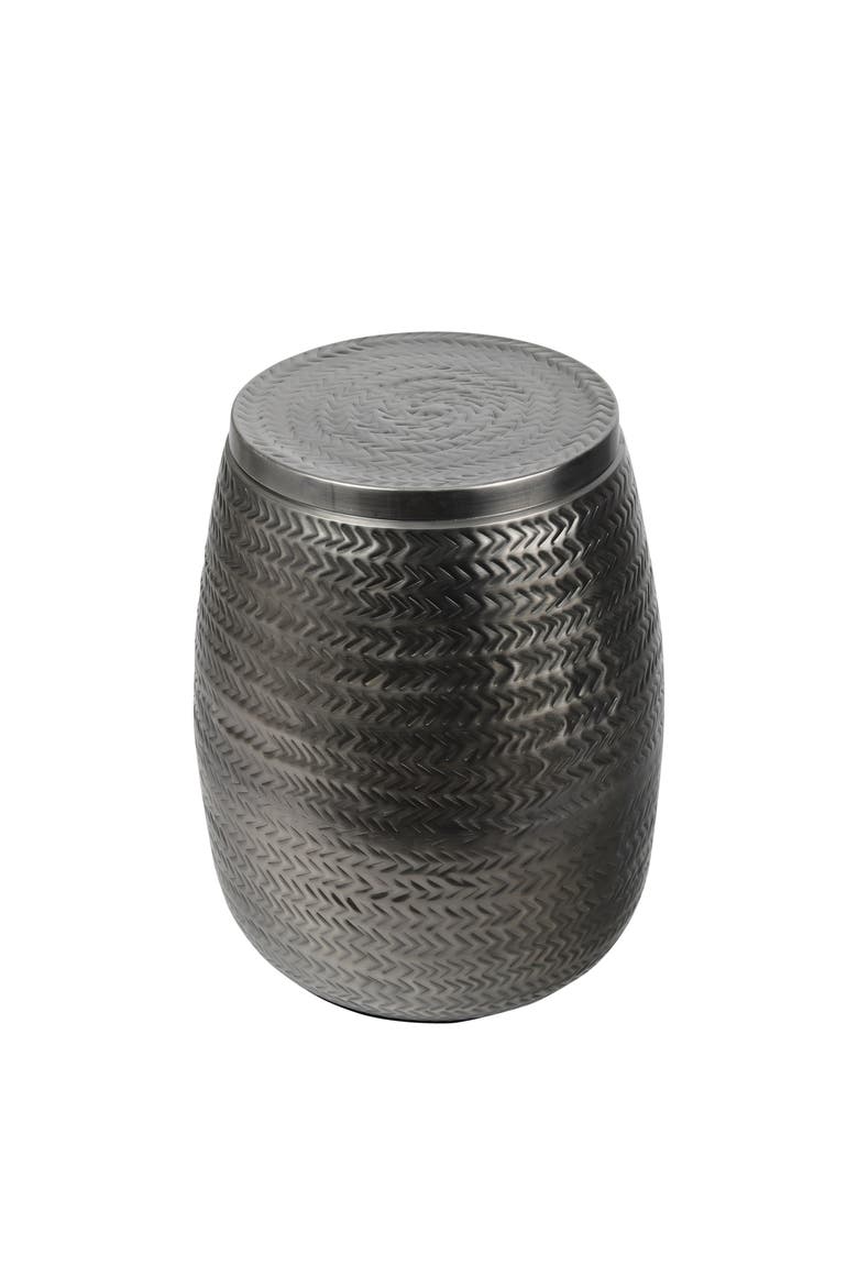 Jasper 15" Modern Rustic Arrow-Hammered Metal Drum Storage Side Table with Lid, Alternate, color, Antique Nickel