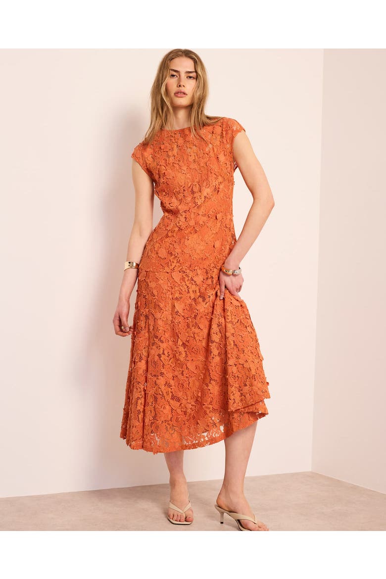 Sleeveless Appliqué Lace Midi Dress, Alternate, color, Orange